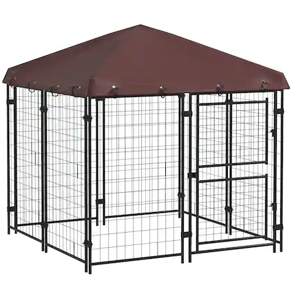 Front. Pawhut - 4.6'x4.6'x5' Dog Kennel Outdoor, Waterproof Cover, Playpen, Two Part Door, Small, Medium Dogs.