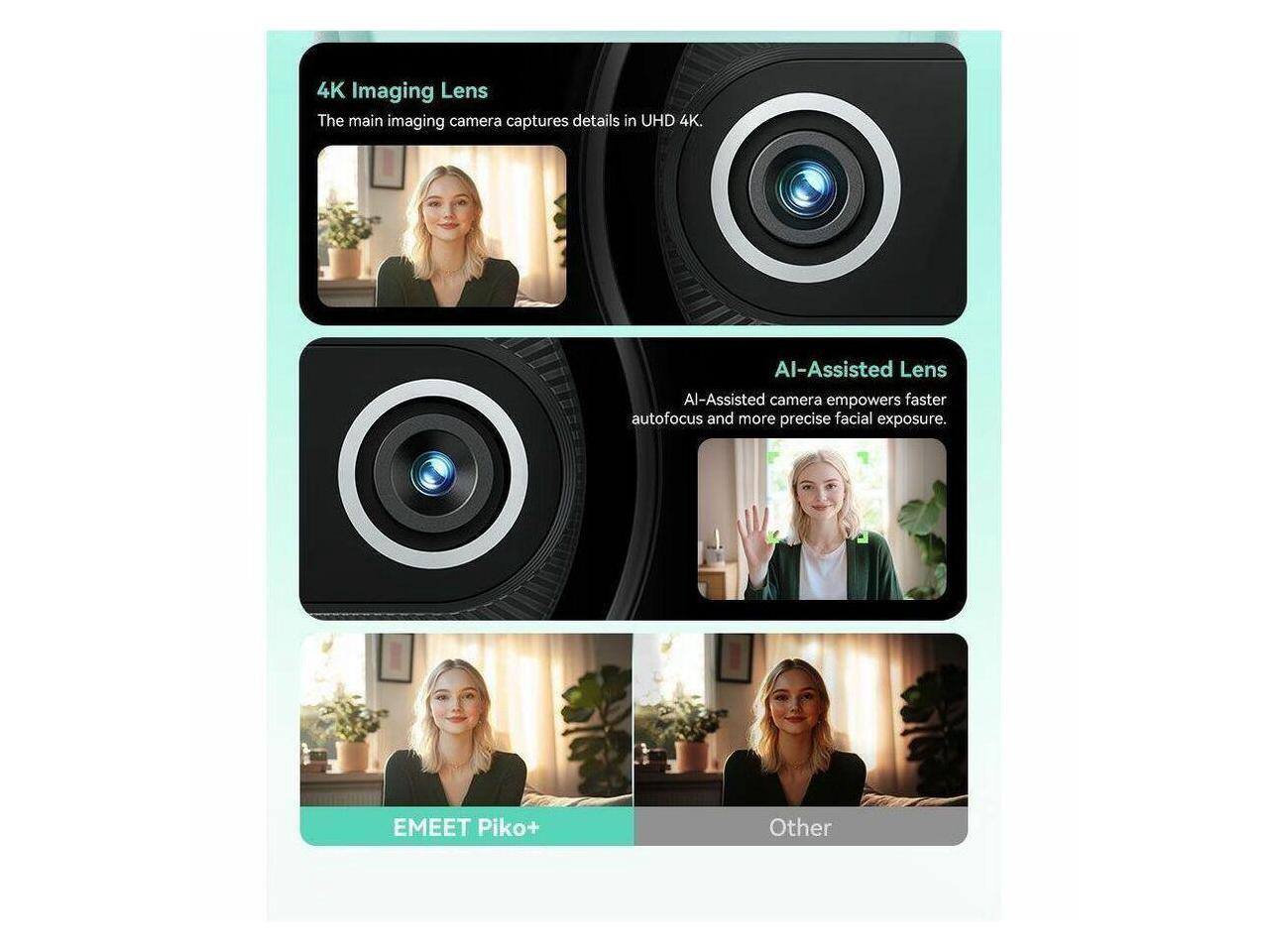 4K Imaging Lens  
The main imaging camera captures details in UHD 4K.

AI-Assisted Lens  
AI-Assisted camera empowers faster autofocus and more precise facial exposure.

EMEET Piko+  
Other