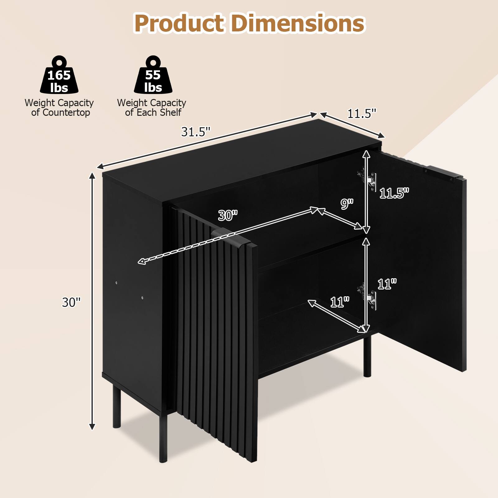 Product Dimensions

165 lbs Weight Capacity of Countertop

55 lbs Weight Capacity of Each Shelf

31.5" x 11.5" x 30" x 9" x 11.5" x 30" x 11" x 11"