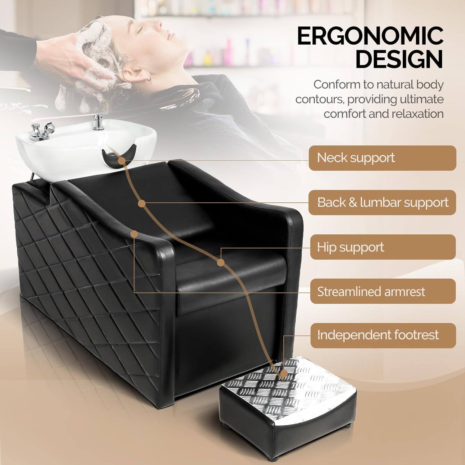 ERGONOMIC DESIGN

Conform to natural body contours, providing ultimate comfort and relaxation

- Neck support
- Back & lumbar support
- Hip support
- Streamlined armrest
- Independent footrest