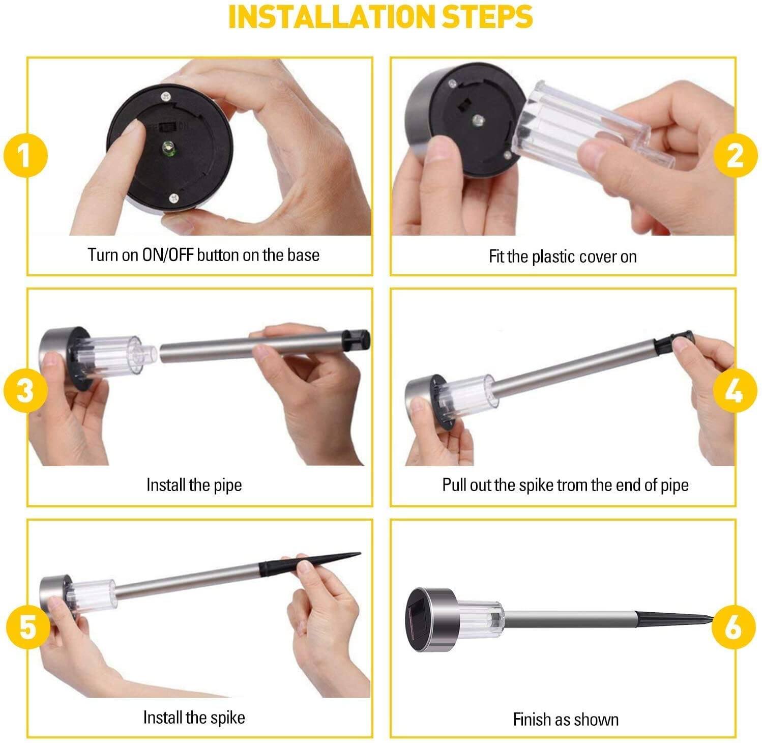 INSTALLATION STEPS

1. Turn on ON/OFF button on the base
2. Fit the plastic cover on
3. Install the pipe
4. Pull out the spike from the end of pipe
5. Install the spike
6. Finish as shown