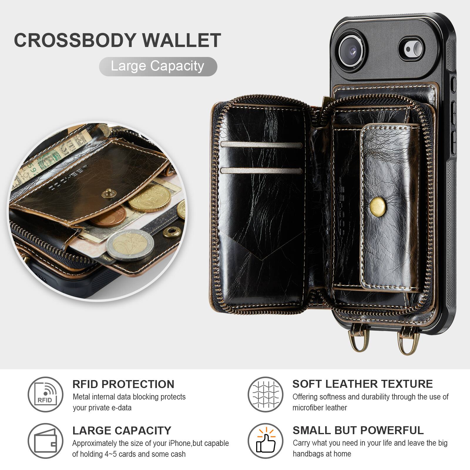 CROSSBODY WALLET

Large Capacity

RFID PROTECTION
Metal internal data blocking protects your private e-data

LARGE CAPACITY
Approximately the size of your iPhone, but capable of holding 4-5 cards and some cash

SOFT LEATHER TEXTURE
Offering softness and durability through the use of microfiber leather

SMALL BUT POWERFUL
Carry what you need in your life and leave the big handbags at home