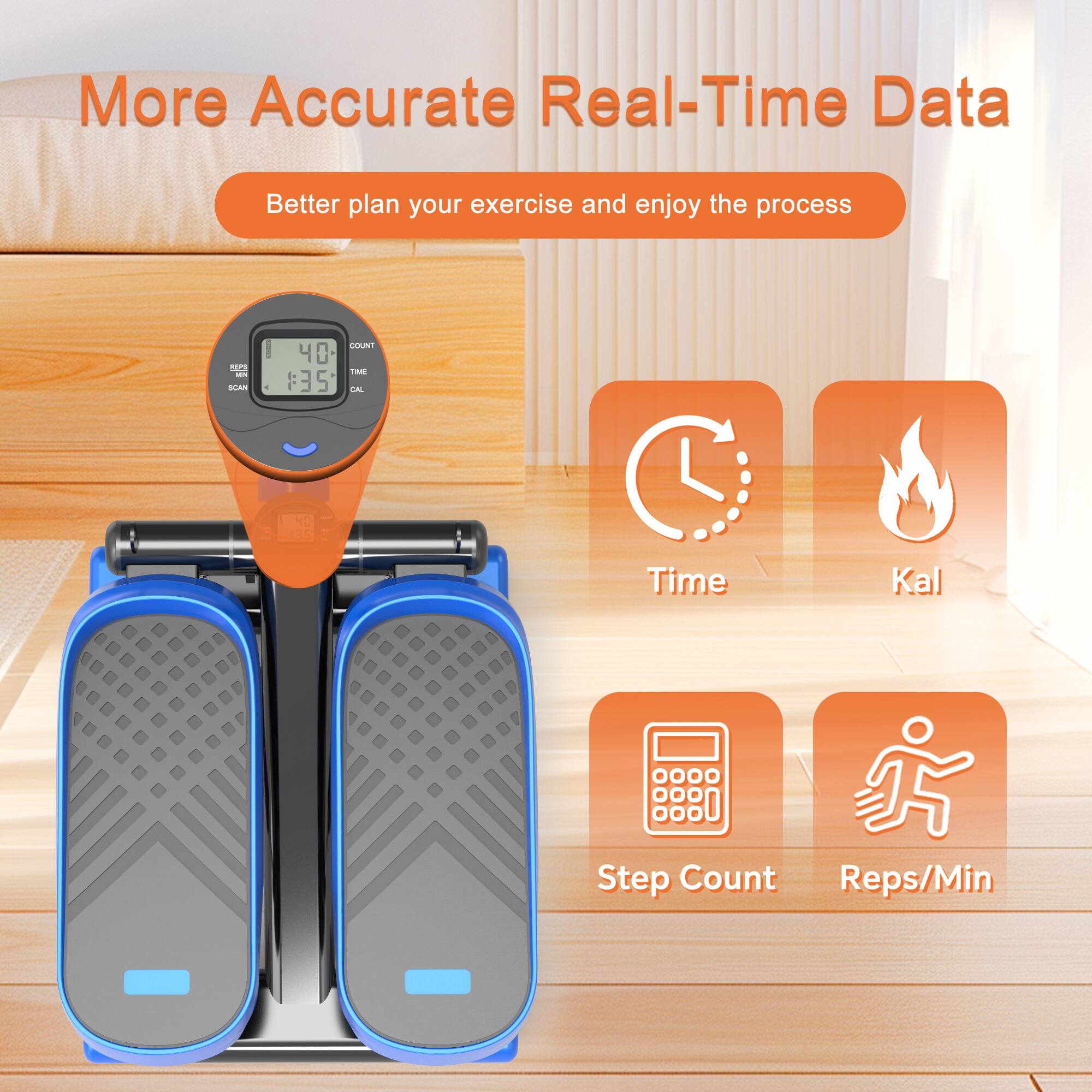 More Accurate Real-Time Data  
Better plan your exercise and enjoy the process  

- Time  
- Kal  
- Step Count  
- Reps/Min  

SCAN COUNT 40 TIMEE #35 L