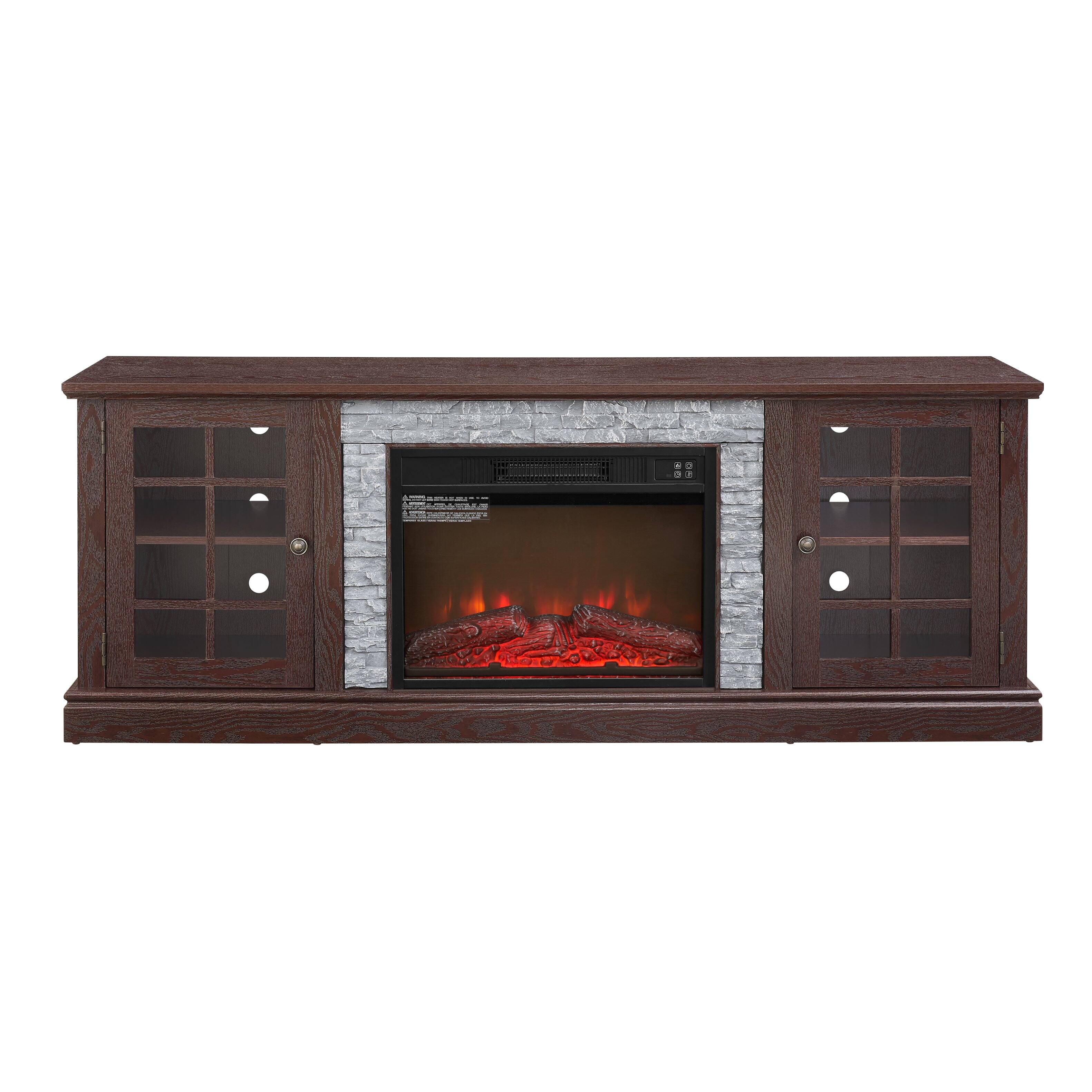Back. Whisen - 70" Electric Fireplace TV Stand Media Console, Holds TVs up to 75", Faux Stone Storage Cabinet - Cherry.