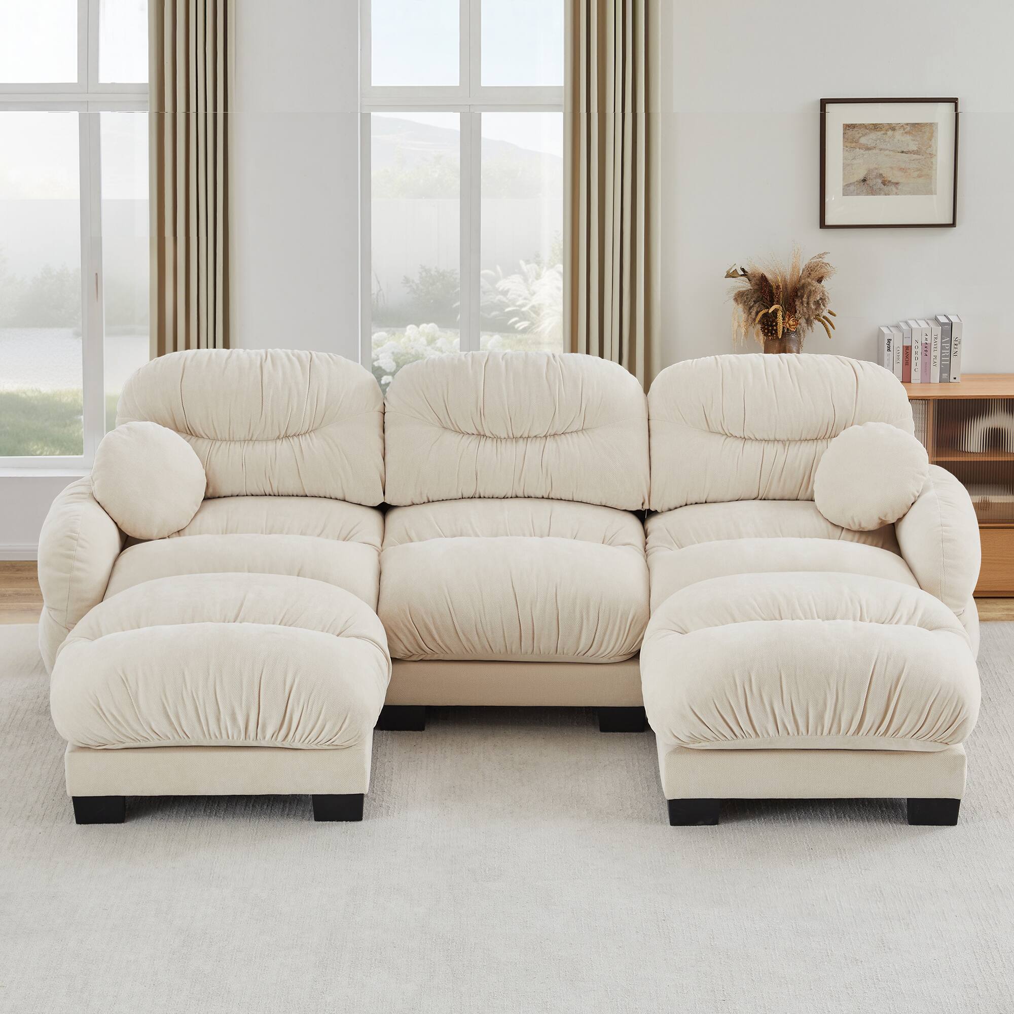 Angle. Anysun - 3-Seater U Shape Sectional Couch with 2 Ottomans, Chenille Fabric, High-Density Foam & Curved Armrests for Living Room - Beige.