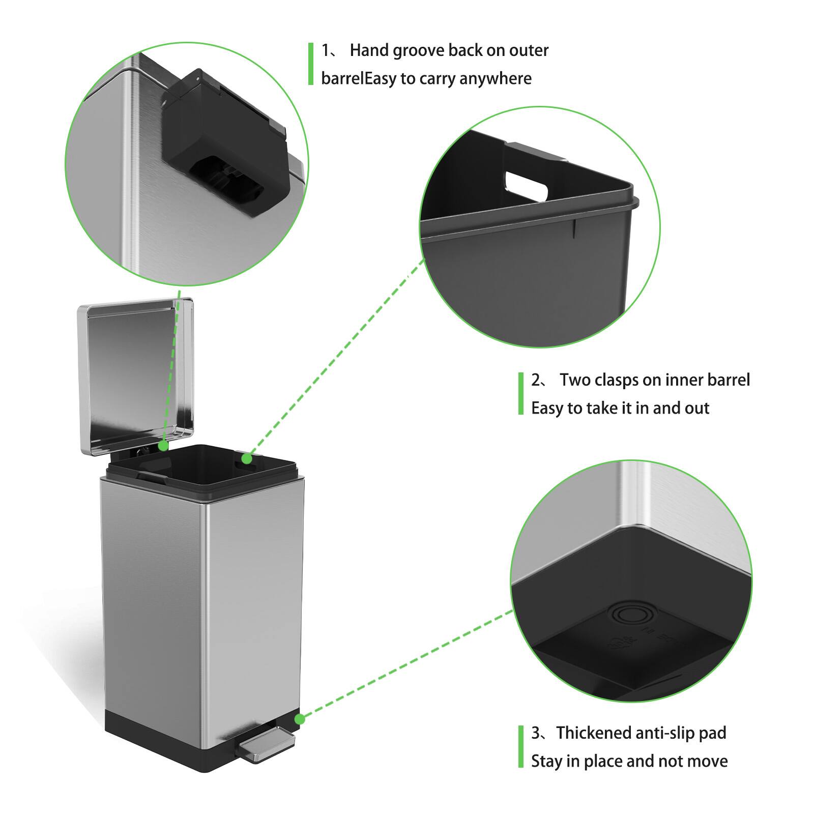1. Hand groove back on outer barrelEasy to carry anywhere  
2. Two clasps on inner barrelEasy to take it in and out  
3. Thickened anti-slip padStay in place and not move
