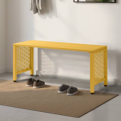 Alt View 6. Winado - 40in Metal Bench Backless Patio Bench with Slatted Seat, Floral Side Panels for Outdoor Garden Seating Entryway Backyard - Yellow.