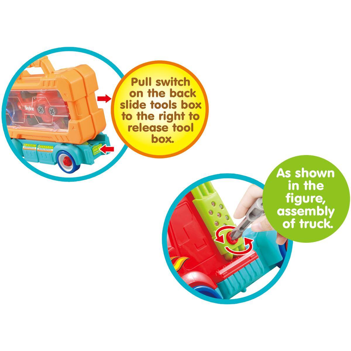 Pull switch on the back slide tools box to the right to release tool box.

As shown in the figure, assembly of truck.