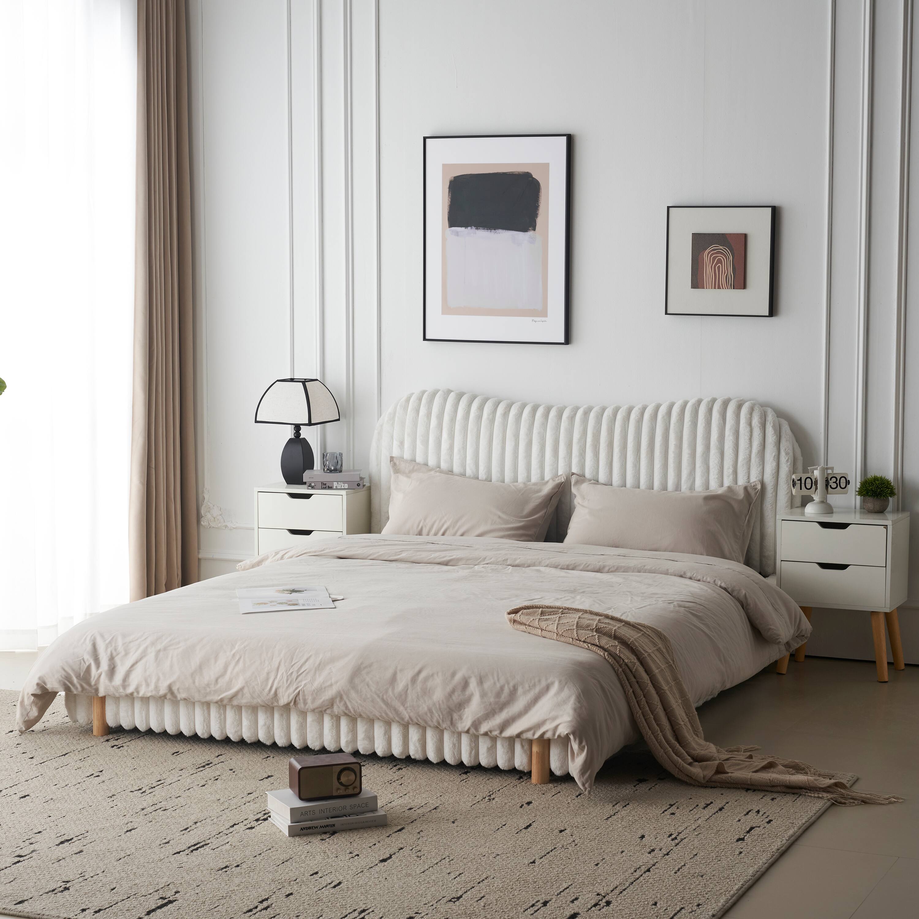 Tiramisubest - Sleek White Boucle Upholstered Bed with Wavy Headboard & Vertical Stitching, Queen - White