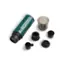 The image shows a green water bottle with a silver lid, along with various attachments and accessories. The attachments include a cup, a spout, a filter, and a brush. The water bottle is placed on a white background, and the items are arranged neatly around it. The image suggests that the water bottle is designed for outdoor activities and is equipped with a filter for purifying water. The presence of the cup and spout indicates that the bottle can be used for both drinking and cooking purposes. The brush is likely used for cleaning the water bottle or its attachments.