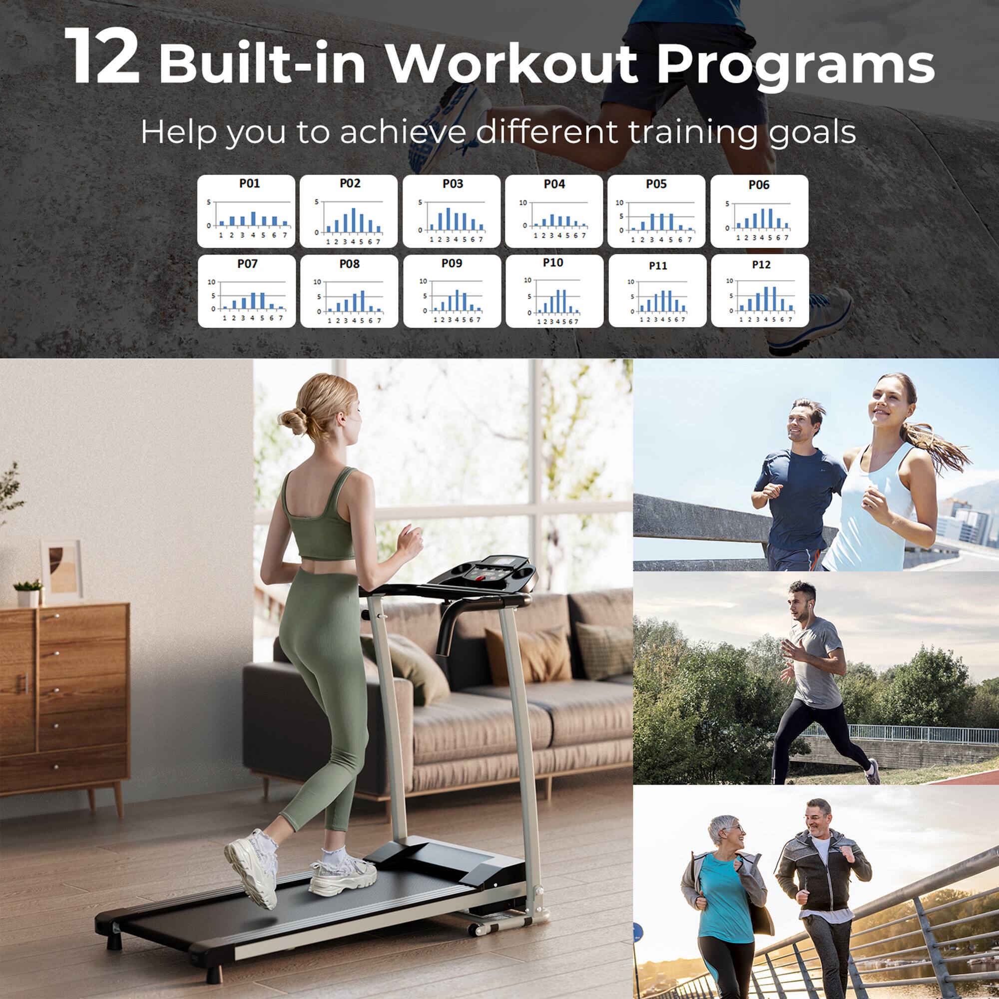 12 Built-in Workout Programs  
Help you to achieve different training goals  

P01 P02 P03 P04 P05 P06  
P07 P08 P09 P10 P11 P12