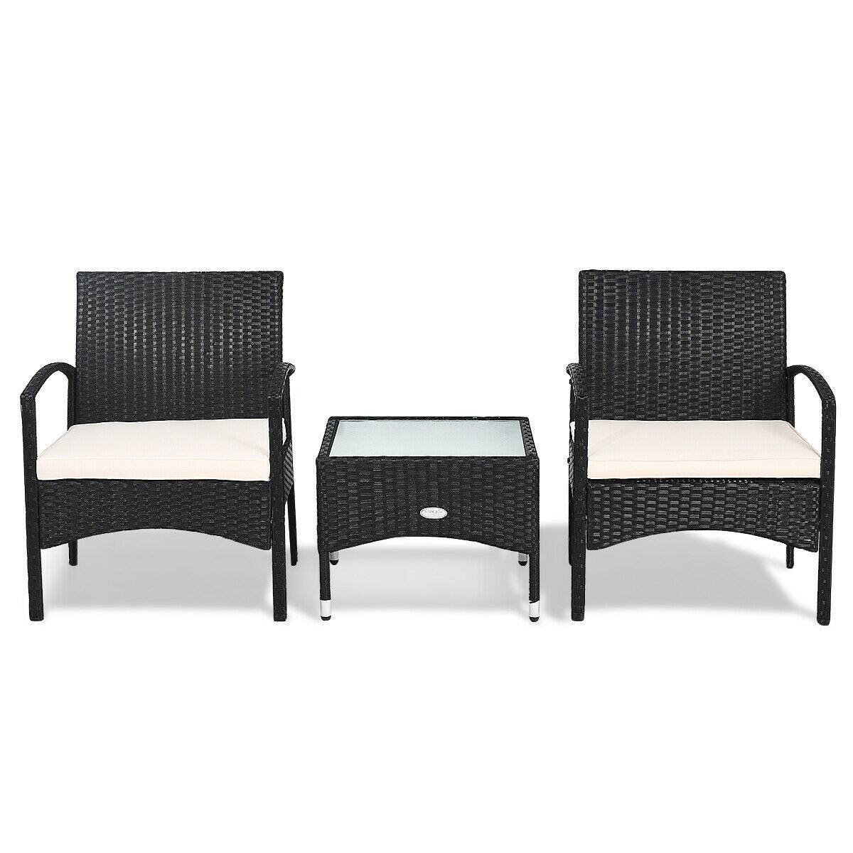 Alt View 9. Gymax - Gymax 3 PCS Patio Wicker Rattan Furniture Set Coffee Table & 2 Rattan Chair W/Cushion - Black.