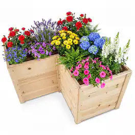Costway - 24'' L-Shaped Deep Root Planter Box Wooden Raised Garden Bed with Open-Ended Base - Natural