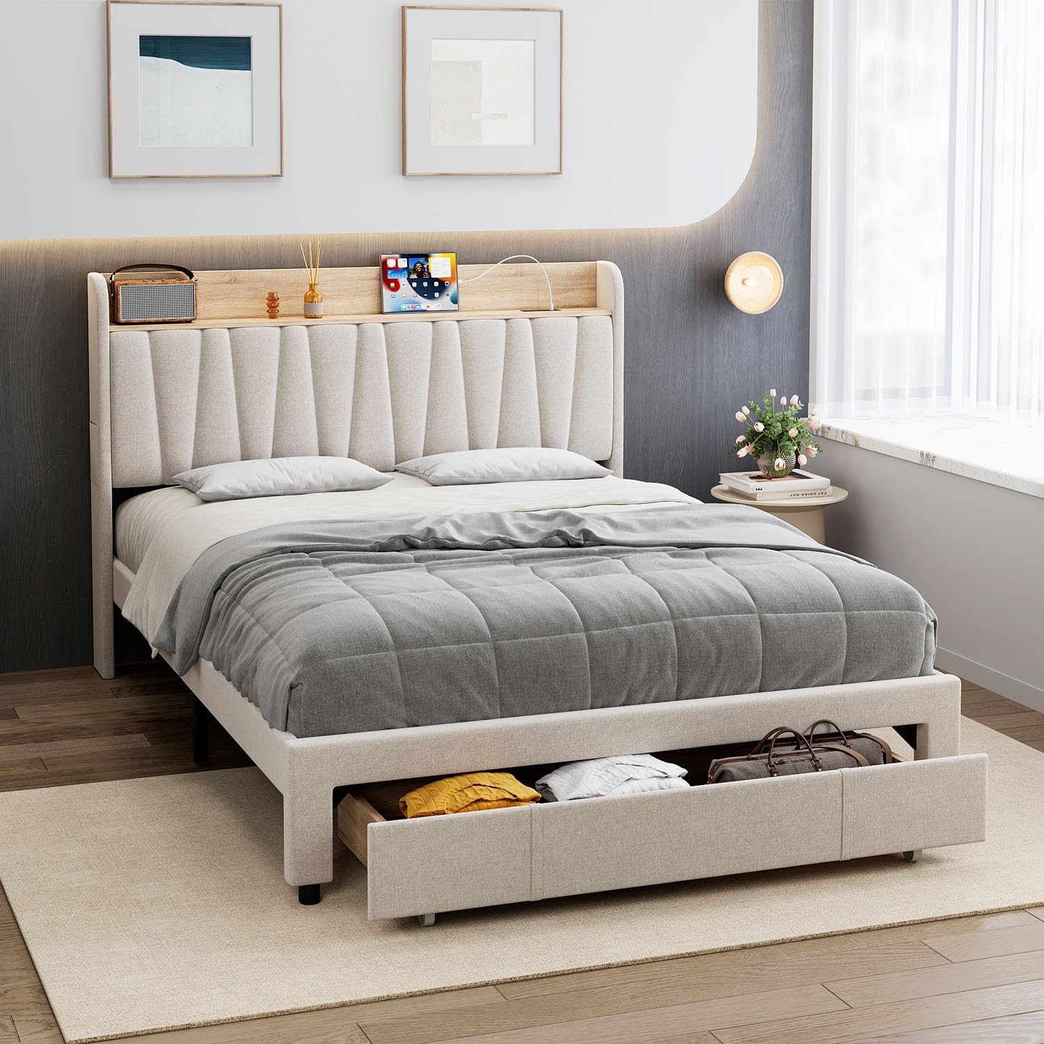 Back. GARVEE - Upholstered Bed Frame with Drawer and Storage Headboard, Wooden Slats Support, Modern Platform Base - Beige.