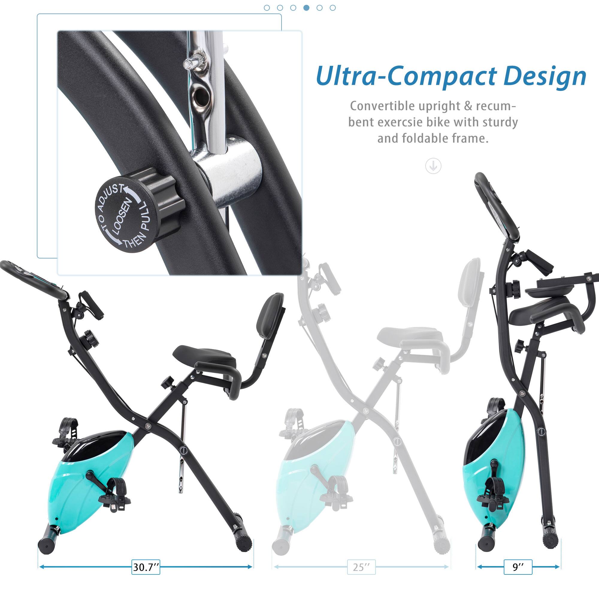 Ultra-Compact Design  
Convertible upright & recumbent exercise bike with sturdy and foldable frame.  

Tighten to loosen pull then - 30.7" 25" 9"