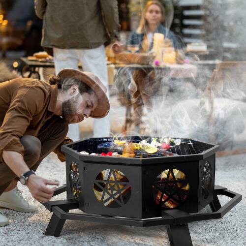 Alt View 7. Winado - 43in Metal Fire Pit Stove, Octagon Wood Burning Firepit with Poker, Fire Bowl for Outdoor Patio Porch Backyard Bonfire - Black.