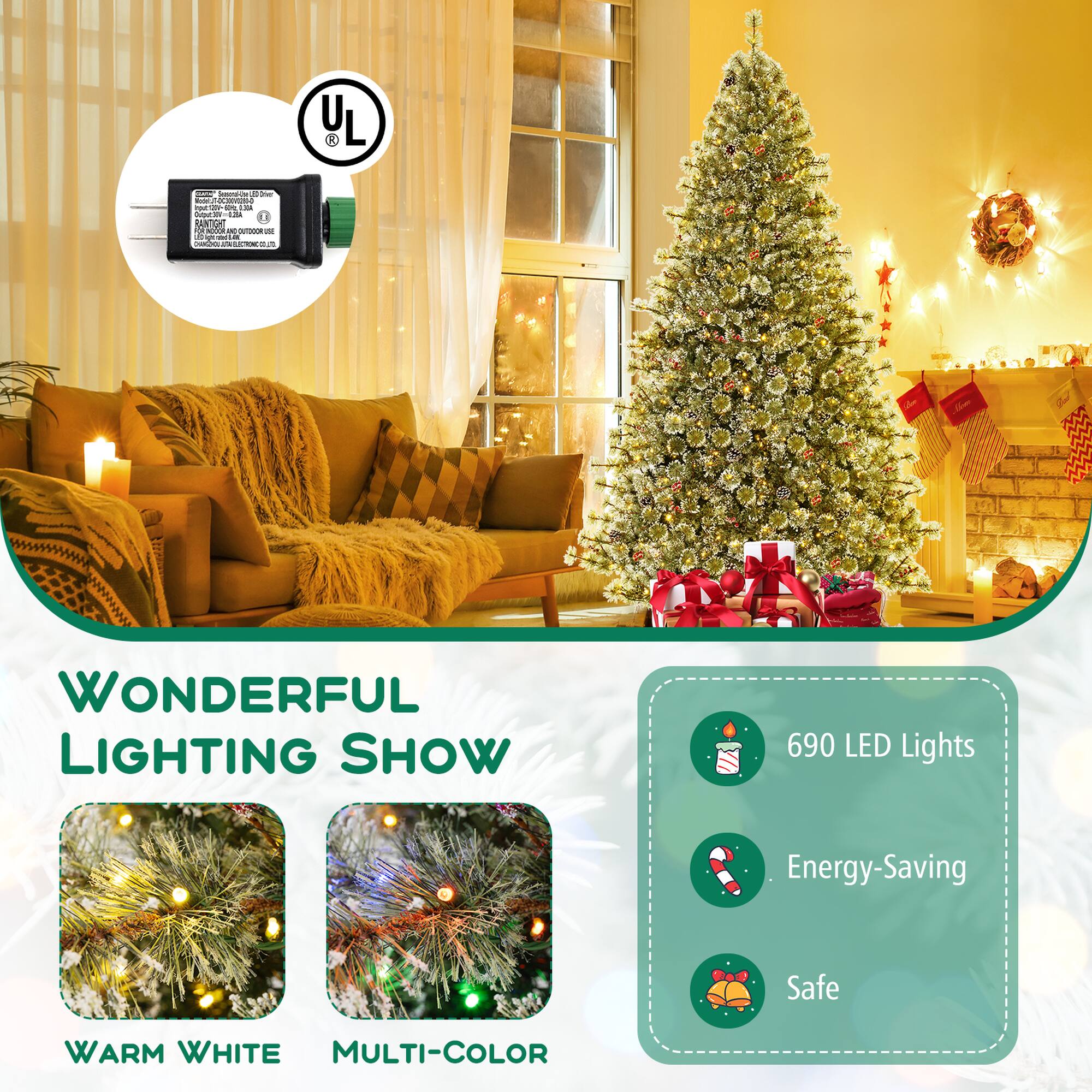 UL, Wonderful Lighting Show, 690 LED Lights, Energy-Saving, Safe, Warm White, Multi-Color