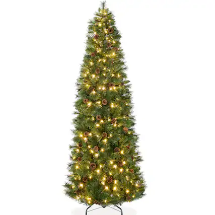 Front. Best Choice Products - Best Choice Products 7.5ft Pre-Lit Artificial Scotch Pine Pencil Christmas Tree w/ 300 LED Lights, Metal Stand - Green.