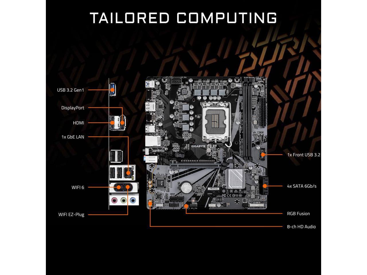 TAILORED COMPUTING  
DURI 3000  
- USB 3.2 Gen1  
- DisplayPort  
- HDMI  
- 1x GbE LAN  
- 1x Front USB 3.2  
- WIFI 6  
- 4x SATA 6Gb/s  
- RGB Fusion  
- 8-ch HD Audio