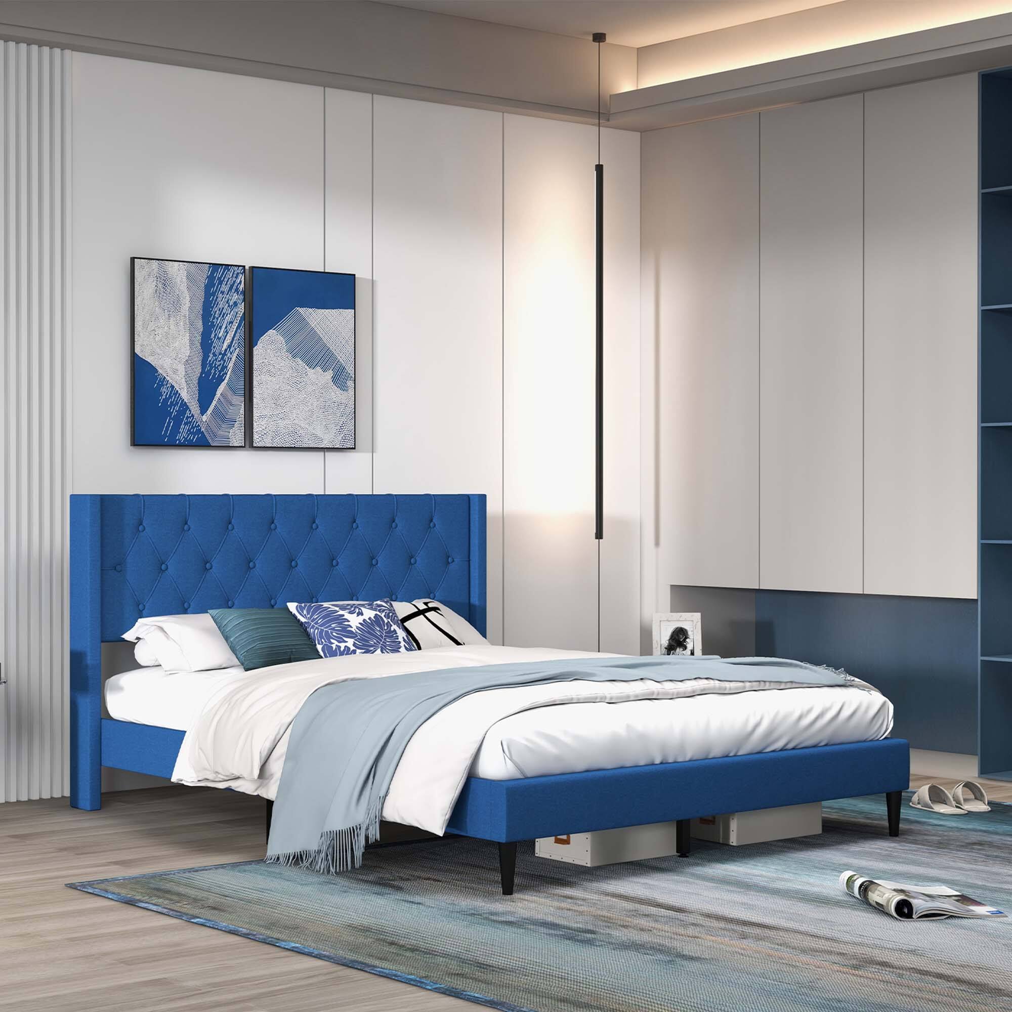 Alt View 1. Costway - Costway Queen Size Upholstered Platform Bed with Button Tufted Wingback Headboard - Blue.