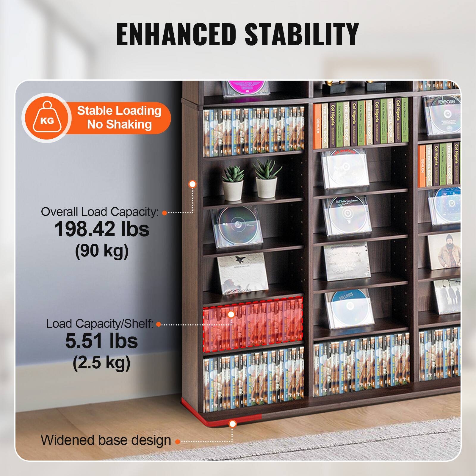 ENHANCED STABILITY

Stable Loading No Shaking

Overall Load Capacity: 198.42 lbs (90 kg)

Load Capacity/Shelf: 5.51 lbs (2.5 kg)

Widened base design