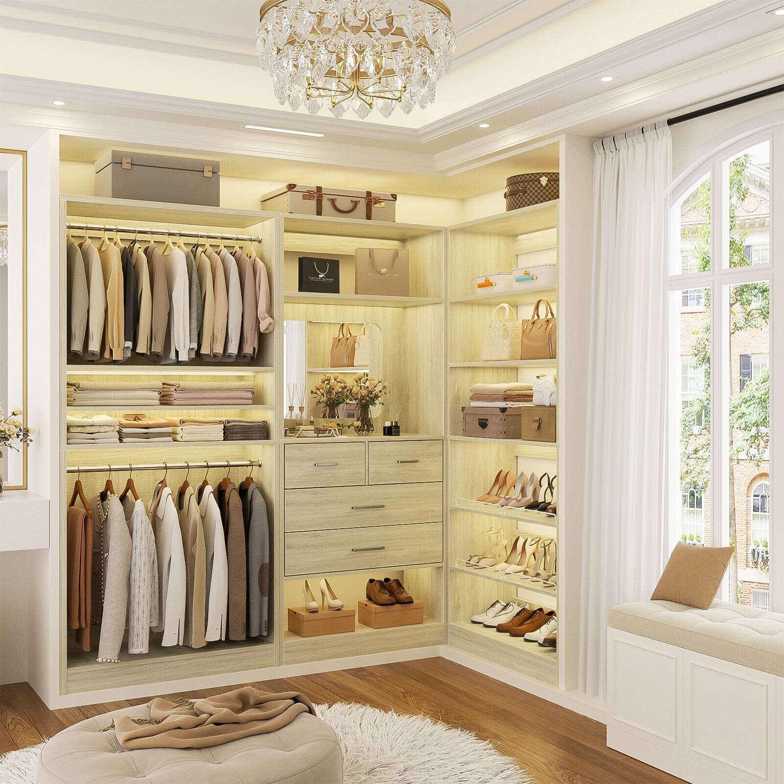 Left. Aheaplus - Large Walk-in Closet System Set of 3, 86'' Wide Closet Storage System with Drawers, Hanging Rods and Shoe Racks - Beige Oak.