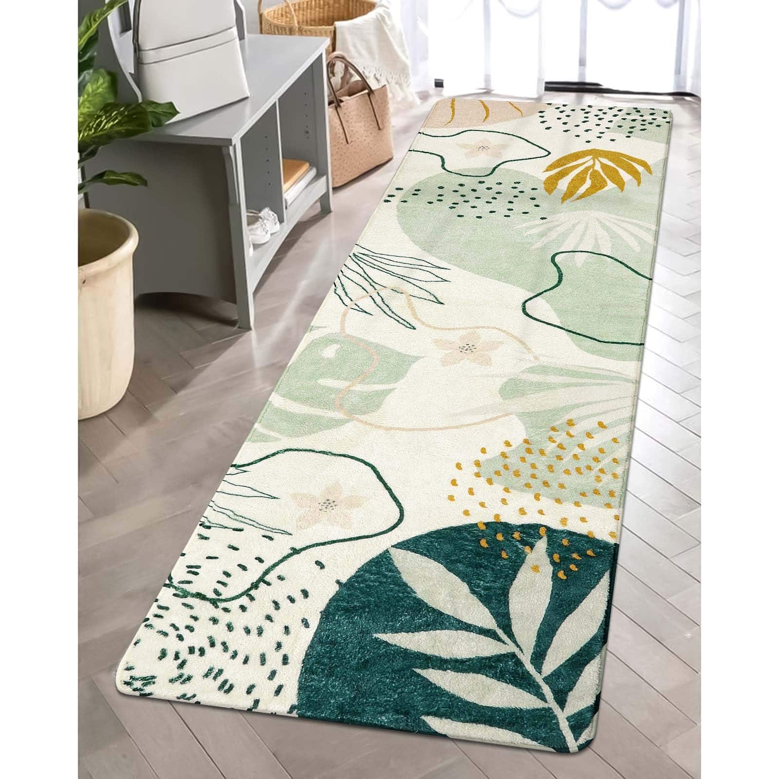Fabibe - 6' ROUND PINK Floral Machine Washable LAHOME AREA NON-SLIP SOFT ULTRA-THIN WASHABLE FLORAL BOHO FOR LIVING ROOM - Green 2' x 7'