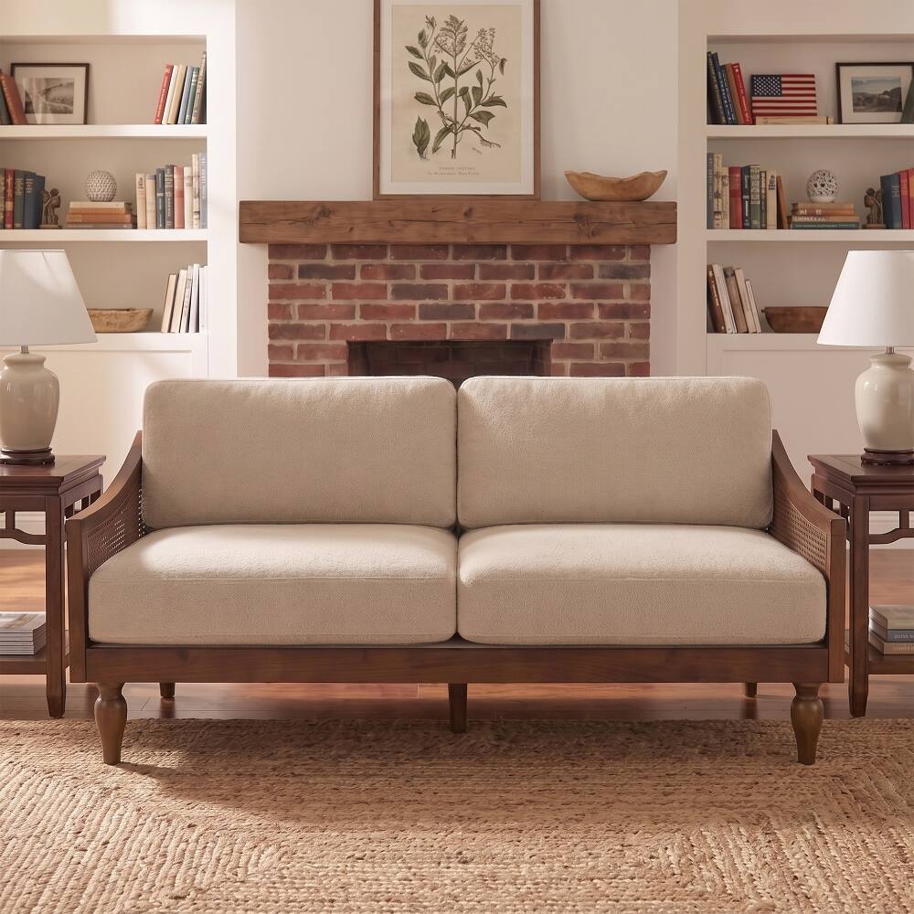 Back. Loheer - Loheer 70.9 Inch Mid-Century 3-Seater Sofa Light Brown Chenille Couch with Rattan Armrests - Light Brown.