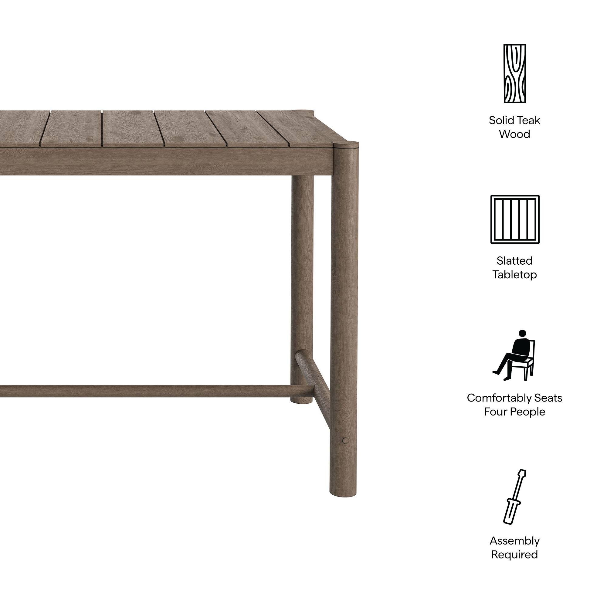 Solid Teak Wood Slatted Tabletop  
Comfortably Seats Four People  
Assembly Required