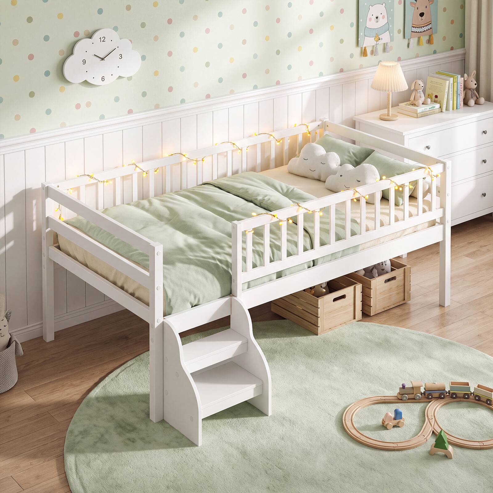 Alt View 3. Costway - Costway Twin Size Montessori Bed with Stairs Guardrails Wooden Slat Support Under Bed Space - White.