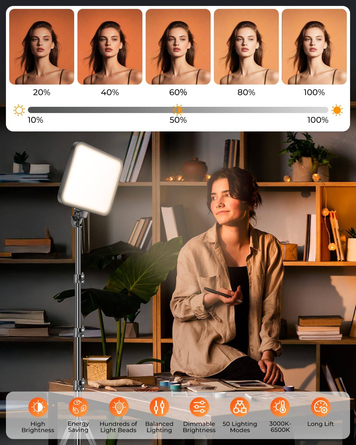 - 20% 40% 60% 80% 100%
- 10% 50% 100%
- High Energy
- Hundreds of Balanced Dimmable Lighting
- Brightness Modes
- 50 Lighting Modes
- 3000K-6500K
- Long Lift
- High Brightness
- Energy Saving
- Hundreds of Light Beads
- Balanced Lighting
- Dimmable Brightness