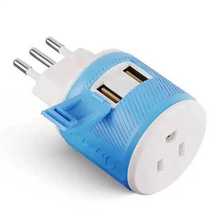 Front. Orei - OREI Italy & Uruguay Travel Plug Adapter – Type L Plug with Dual USB Ports – USA Input for Phones, Laptops & More - Blue.