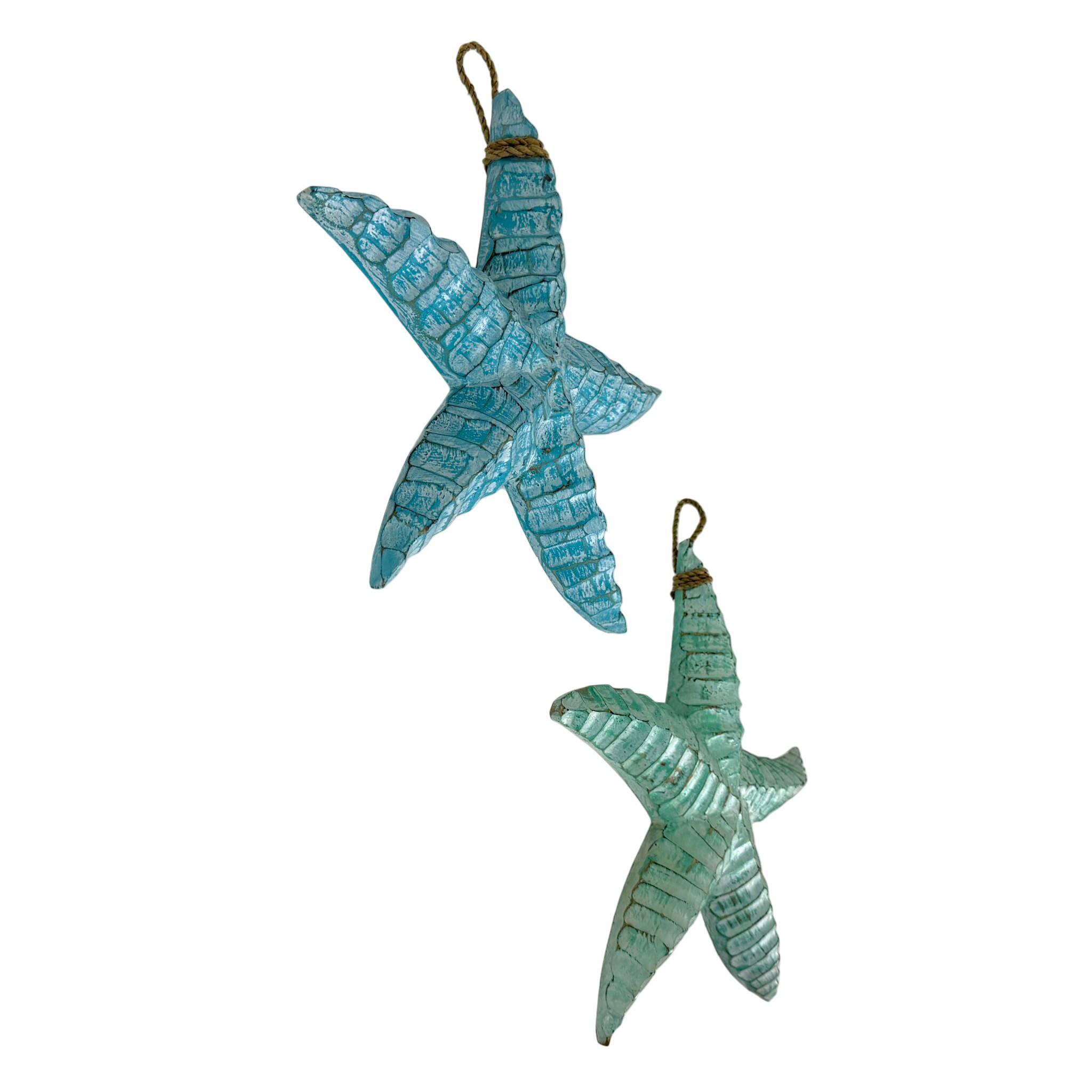 Alt View 1. Things2Die4 - Set of 2 Blue Green Wooden Starfish Wall Sculptures Coastal Hanging - Multicolored.