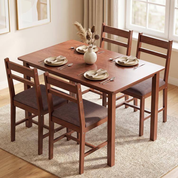 Alt View 1. PULUZ - 5-Piece Solid Wood Dining Table Set for 4, Farmhouse Kitchen Table with Upholstered Chairs for Dining Room - Light Brown.
