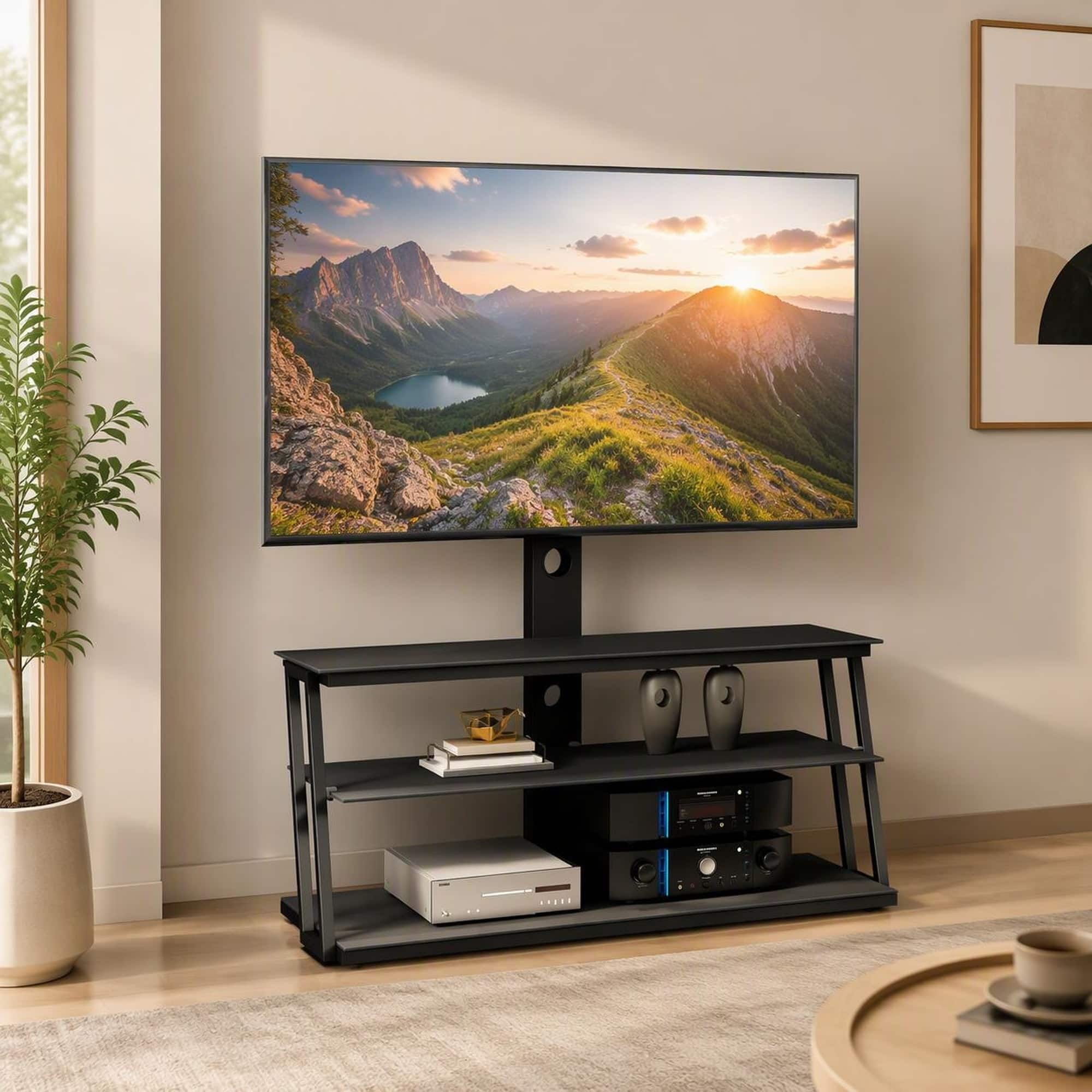 RYHNUYNE - Multi-Function TV Stand, Angle & Height Adjustable Tempered Glass Floor Mount - Black