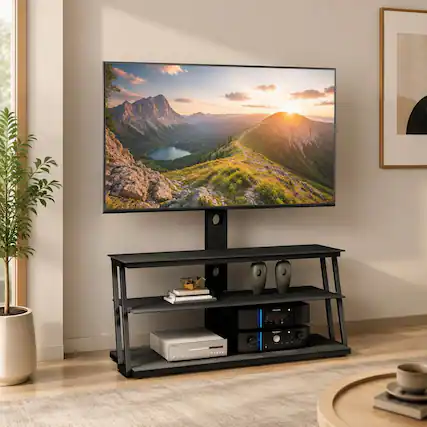 Front. RYHNUYNE - Black Multi-Function TV Stand, Angle & Height Adjustable Tempered Glass Floor Mount - Black.