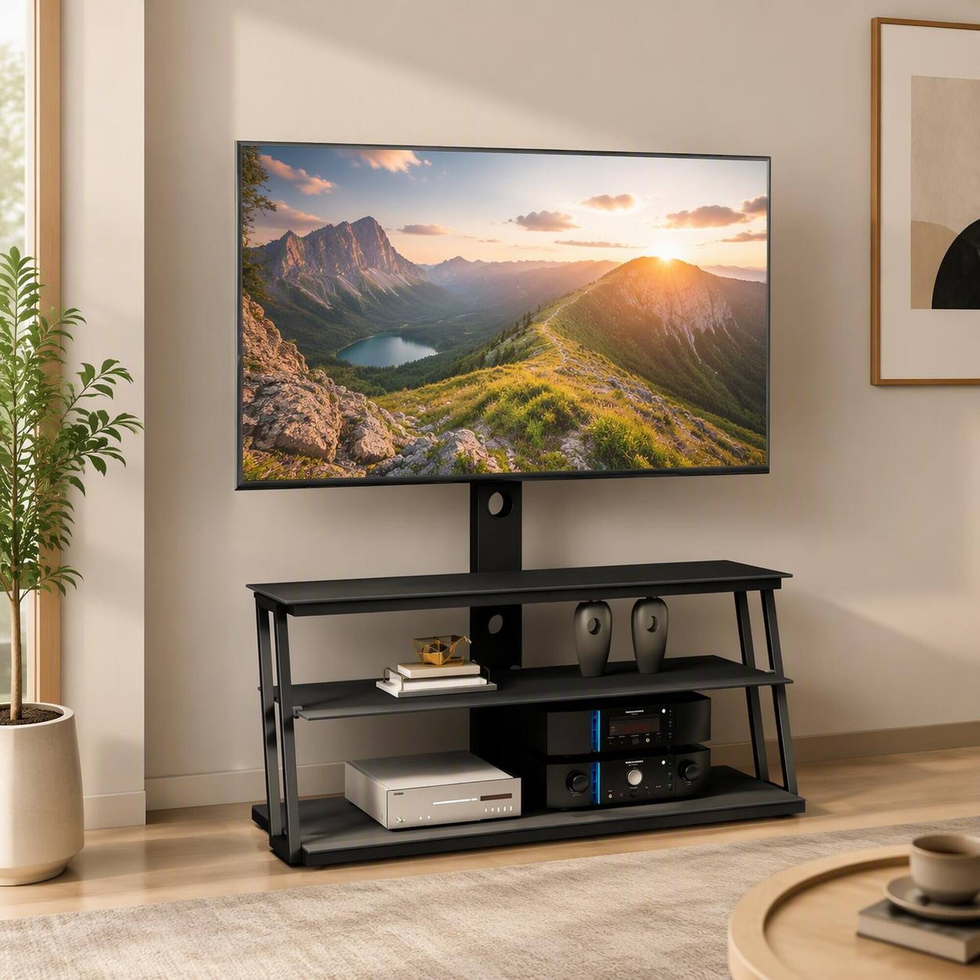 Front. RYHNUYNE - Black Multi-Function TV Stand, Angle & Height Adjustable Tempered Glass Floor Mount - Black.