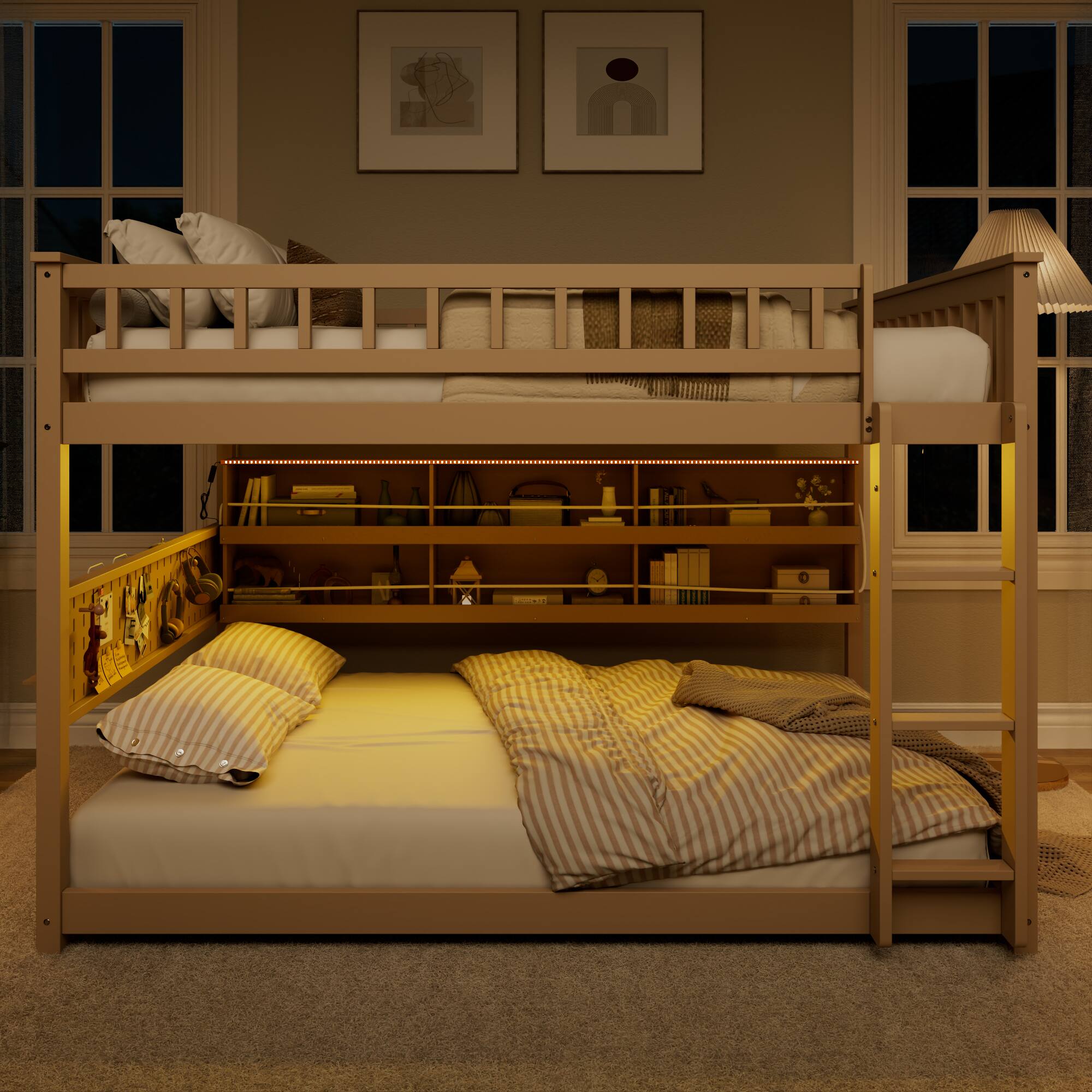 Alt View 9. Anysun - Full over Full Bunk Bed with Integrated Shelving, Color-Changing Lights and Pegboard - Beige.