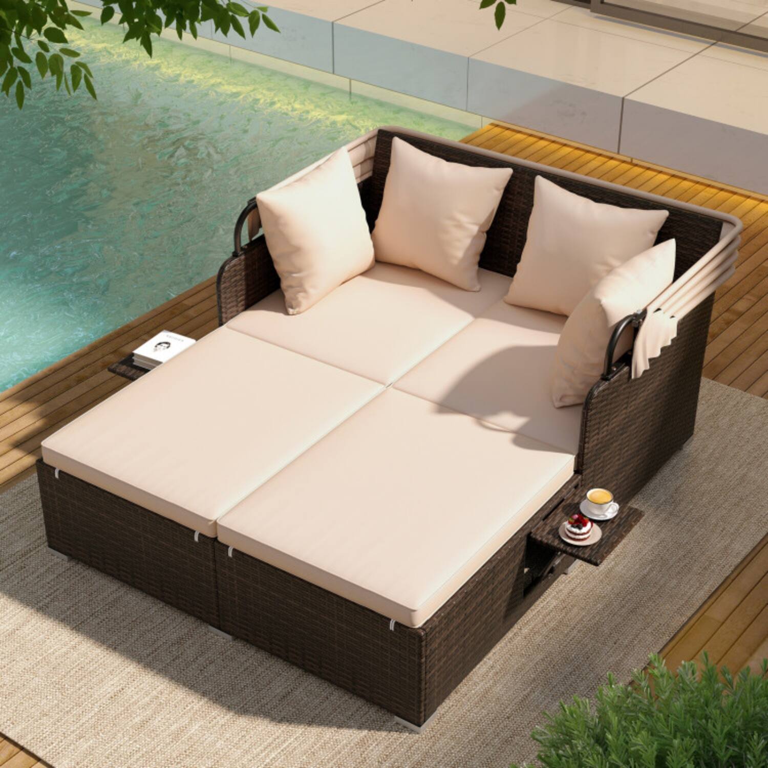 Alt View 3. Mondawe - 5" Outdoor Rattan Daybed w Retractable Canopy & Side Tables PE Wicker 2 Seat Cushions - Mix Brown+Beige.