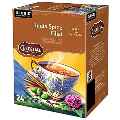 KEURIG GENUINE KCUP PODS  
India Spice Chai  
BLACK TEA CONTAINS CAFFEINE  
NATURALLY FLAVORED WITH OTHER NATURAL FLAVORS  
CELESTIAL SEASONINGS  
24 RECYCLABLE PODS  
E07 (0)