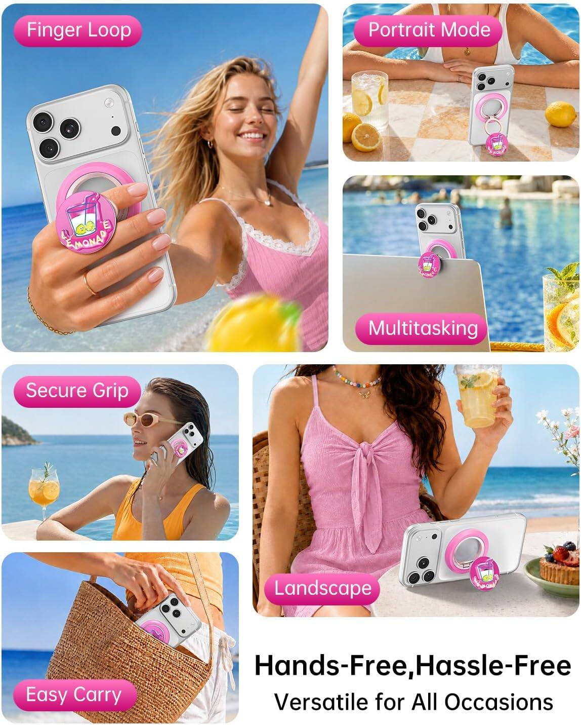 Finger Loop  
Portrait Mode  
Secure Grip  
Multitasking  
Landscape  
Easy Carry  

Hands-Free, Hassle-Free  
Versatile for All Occasions