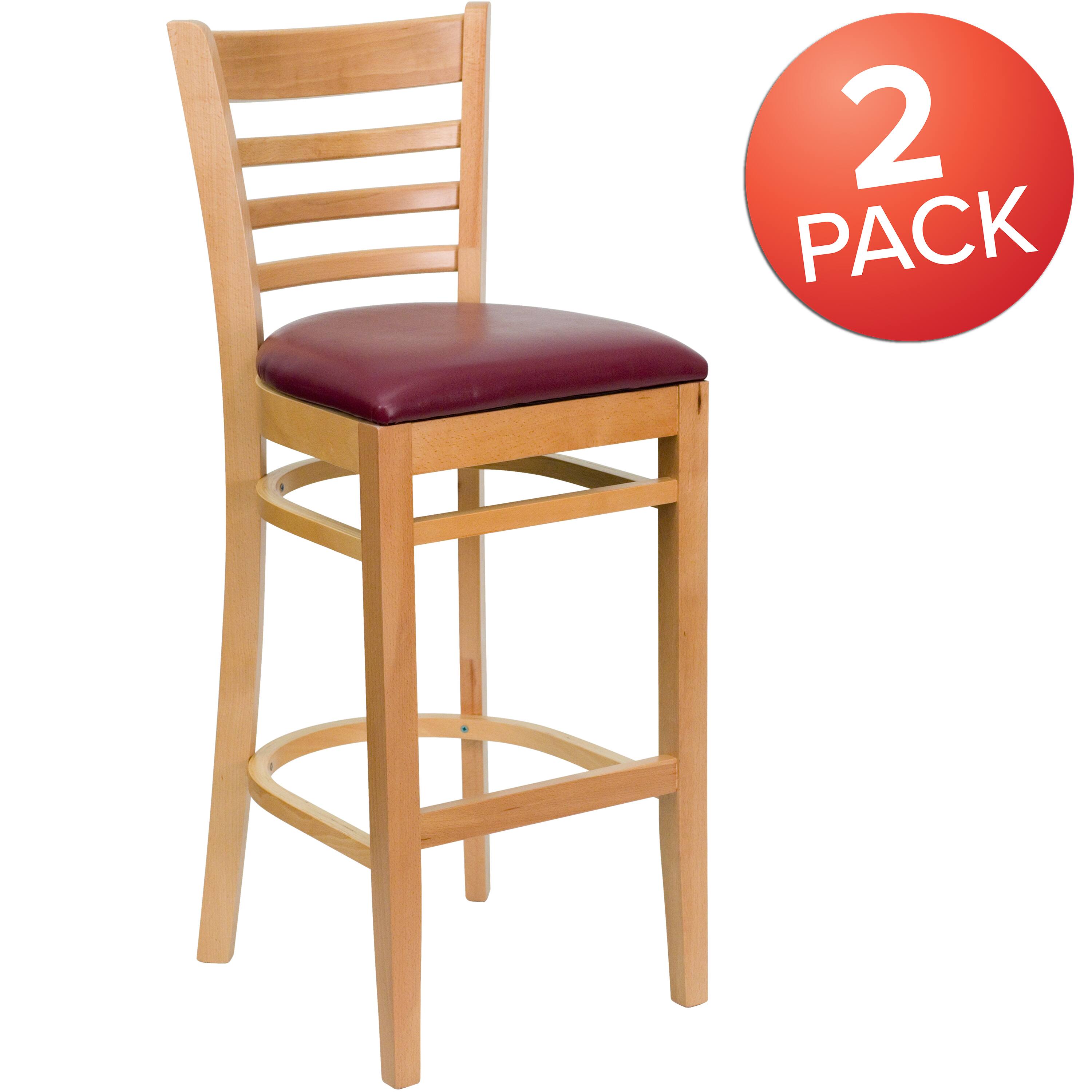 Alt View 1. Emma + Oliver - Bar Stools | Set of 2 Wood Bar Stools with Back - Burgundy Vinyl Seat/Natural Wood Frame.