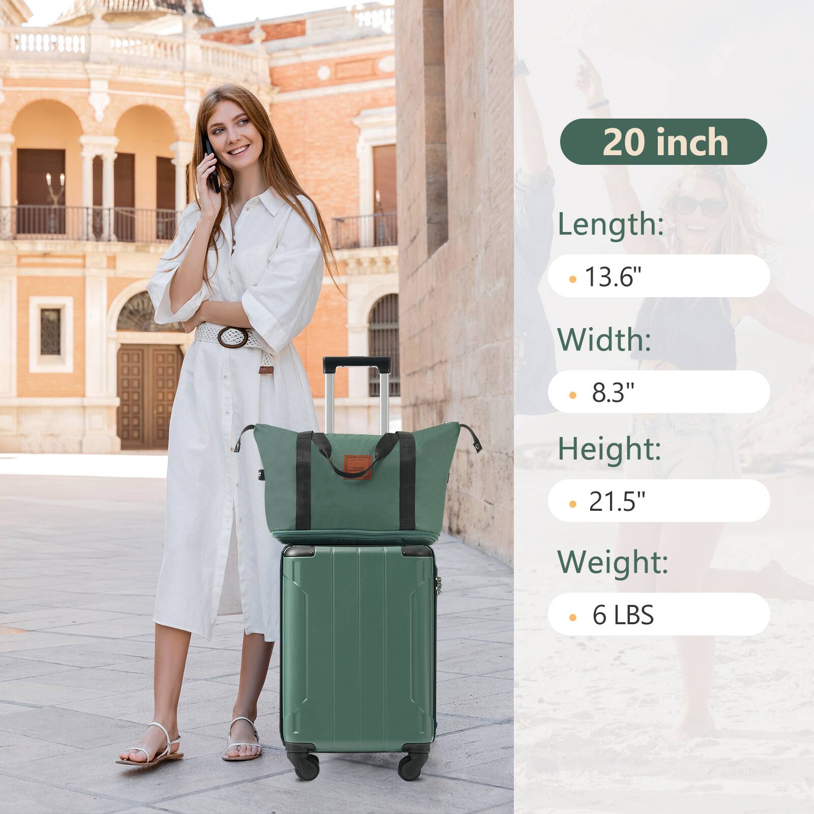 20 inch  
Length: 13.6"  
Width: 8.3"  
Height: 21.5"  
Weight: 6 LBS