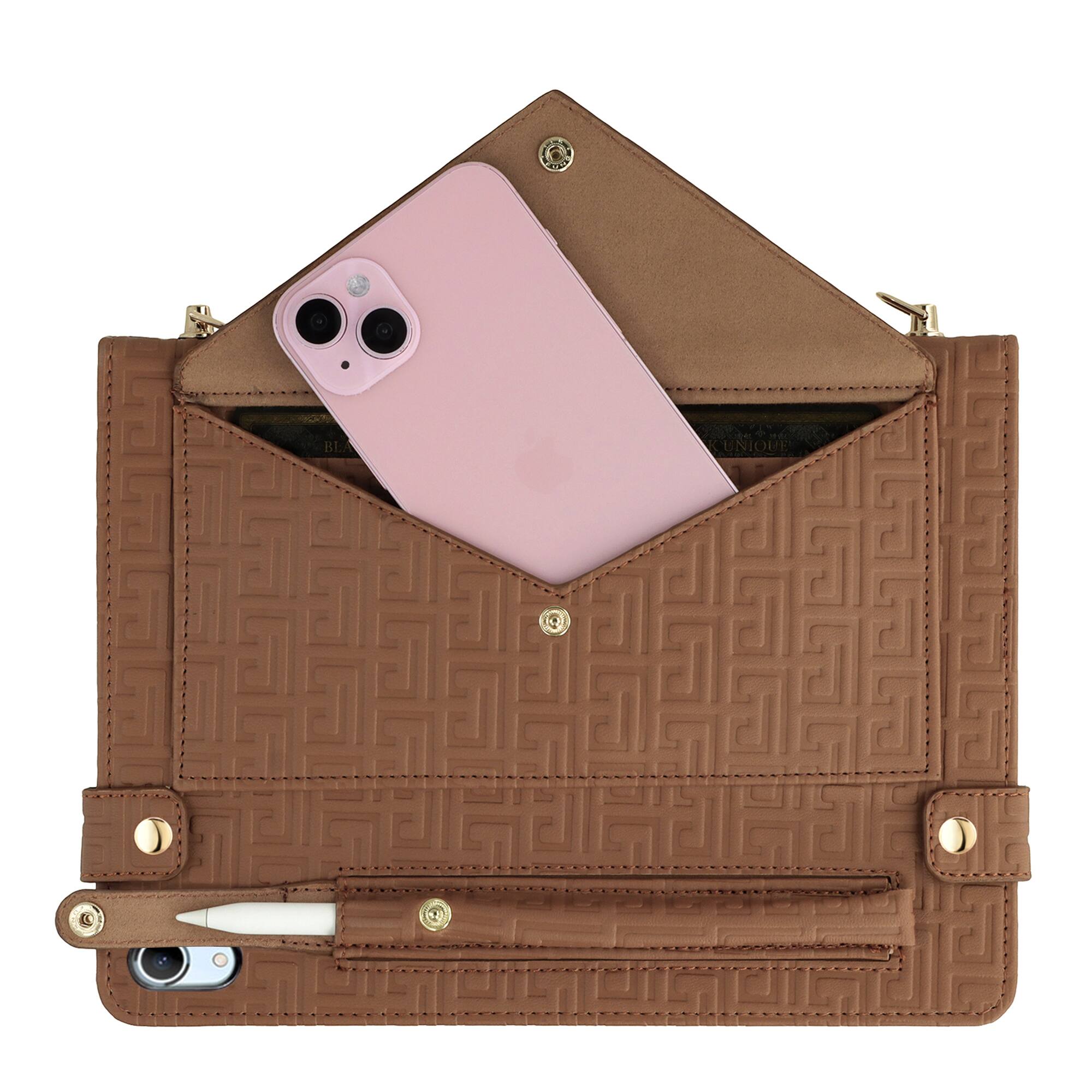 Angle. Dteck - Crossbody Handbag Case for iPad A16 11" 2025/iPad 10th Gen 10.9" 2022, PU Leather Folio Stand Cover with Pencil Holder - Brown.