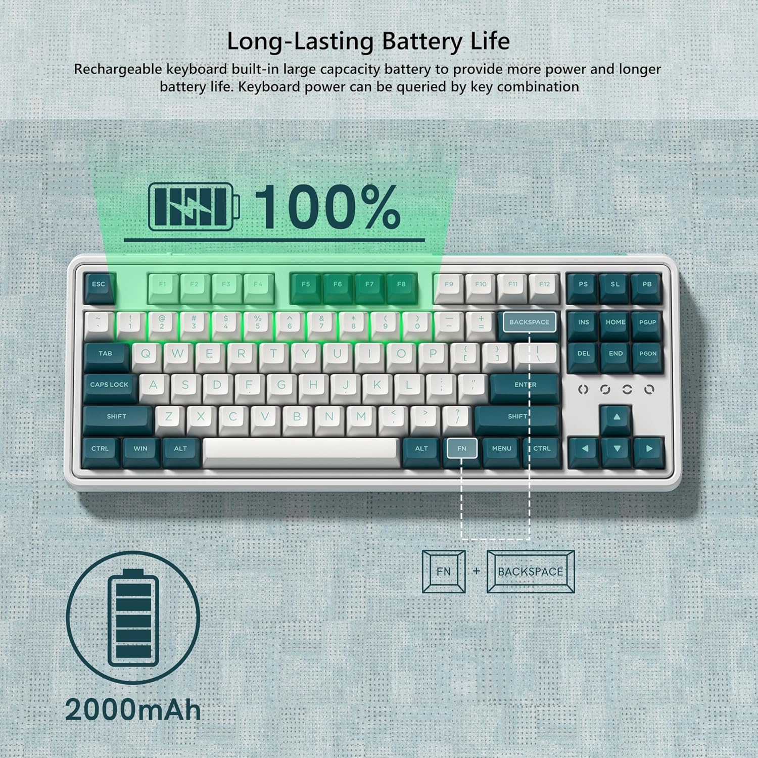 Long-Lasting Battery Life

Rechargeable keyboard built-in large capacity battery to provide more power and longer battery life. Keyboard power can be queried by key combination

100% ESC F1 F2 F3 F4 F5 F6 F7 F8 F9 F10 F11 F12 PS SL PB

2000mAh

FN + BACKSPACE