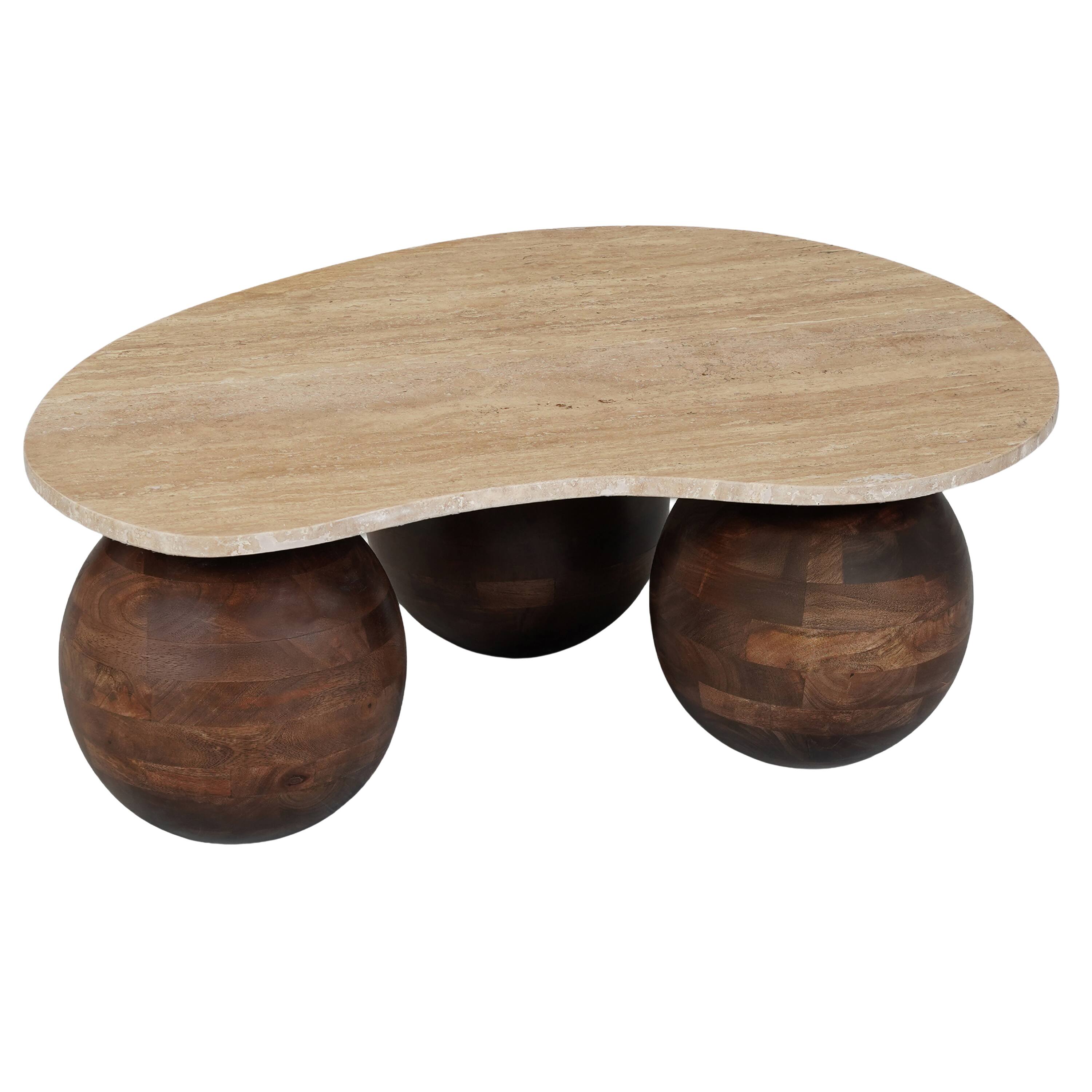 Left. Manhattan Lane - Resh Accent Coffee Table, Curved Natural Travertine Top, Round 3 Balls Wood Base - Brown.