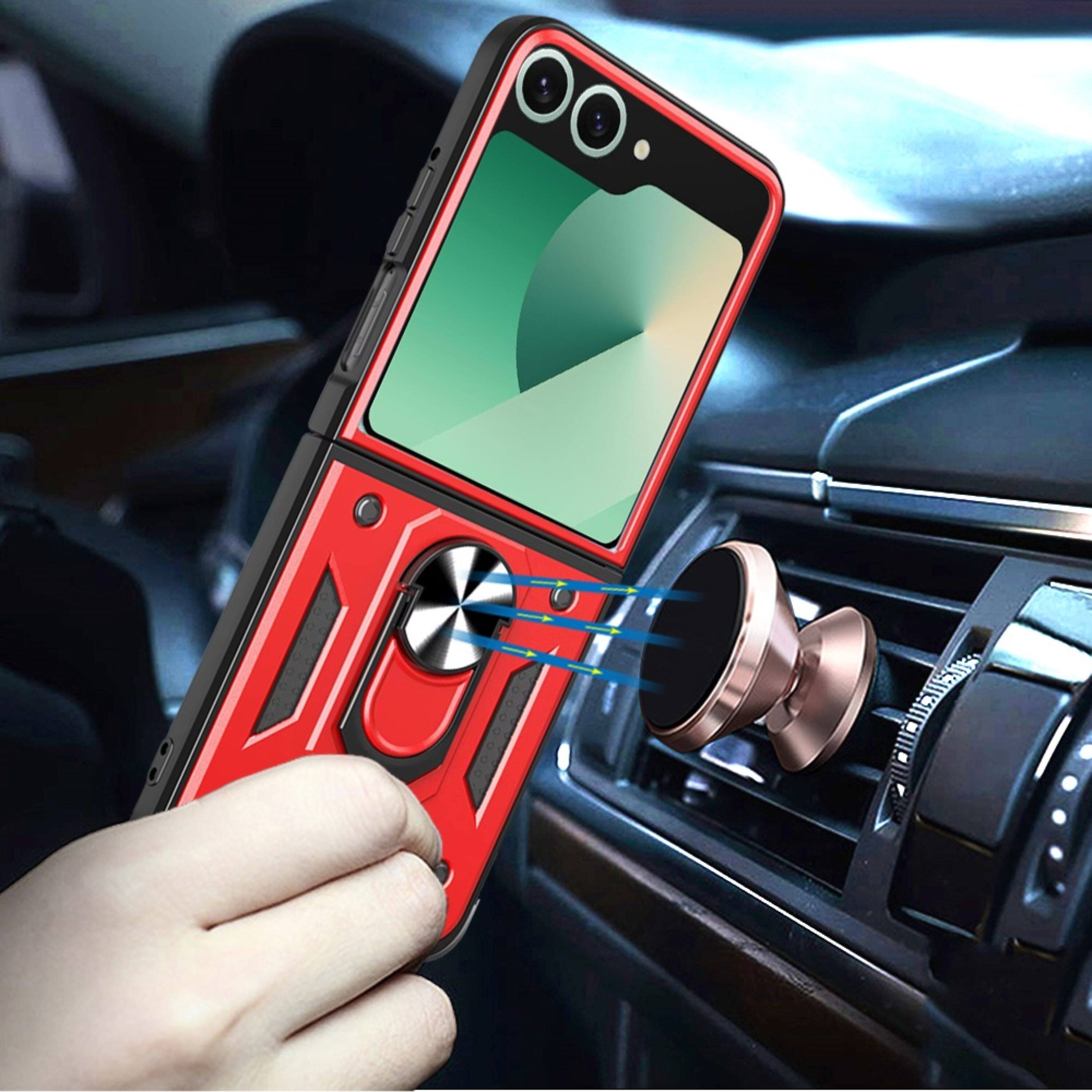 Left. Kitcheniva - Camera Lens Shield Case With Magnetic Ring Stand & Tempered Glass For Samsung Galaxy Z Flip 7 Red - Red.