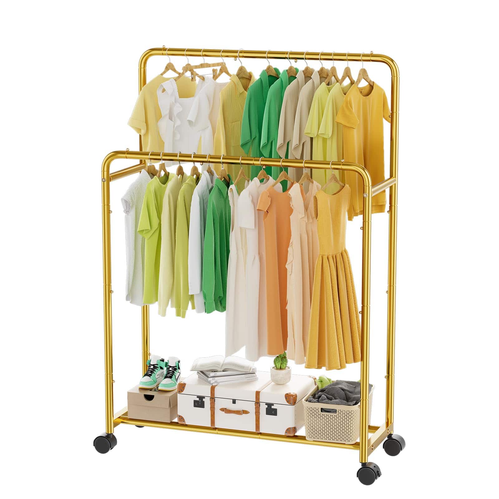 Refined Abode Design - Clothing Clothes Rack Double Rods With Wheels Rolling Metal Garment For Hanging - Golden 14.75"D x 39.75"W x 58.5"H
