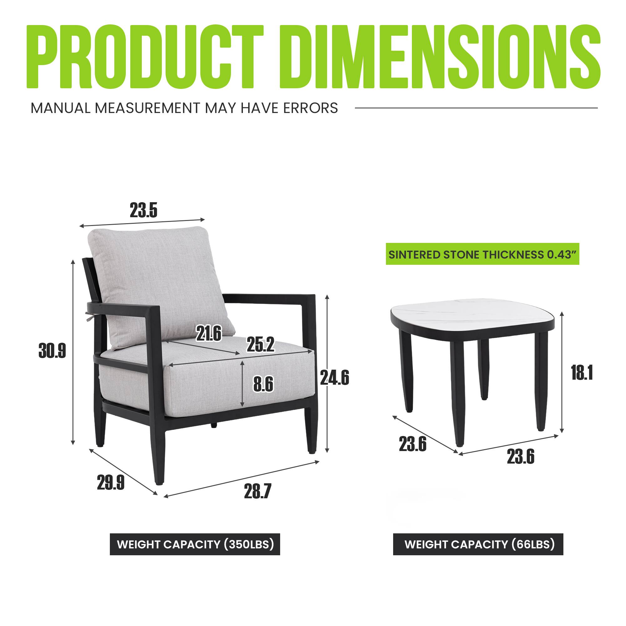 PRODUCT DIMENSIONS  
MANUAL MEASUREMENT MAY HAVE ERRORS  

- SINTERED STONE THICKNESS: 0.43"  
- WEIGHT CAPACITY: 350LBS  
- WEIGHT CAPACITY: 66LBS  

Dimensions:  
- 23.5  
- 30.9  
- 21.6  
- 25.2  
- 8.6  
- 24.6  
- 18.1  
- 29.9  
- 28.7  
- 23.6  
- 23.6