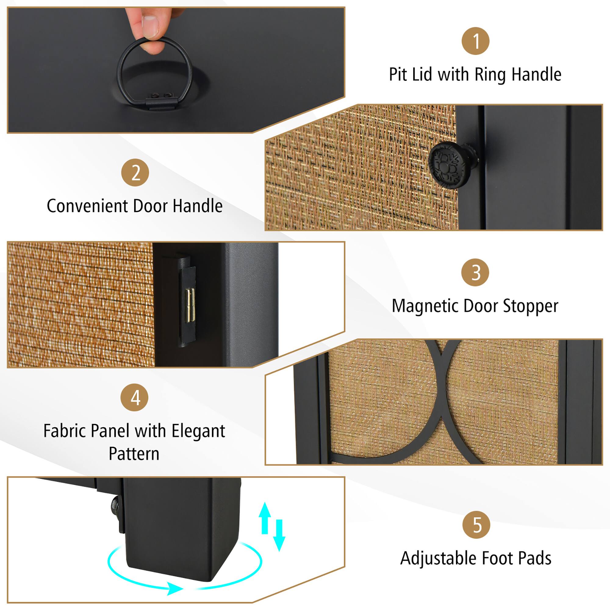 1. Pit Lid with Ring Handle  
2. Convenient Door Handle  
3. Magnetic Door Stopper  
4. Fabric Panel with Elegant Pattern  
5. Adjustable Foot Pads